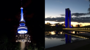 Telstra Tower and Carillion lit up blue.