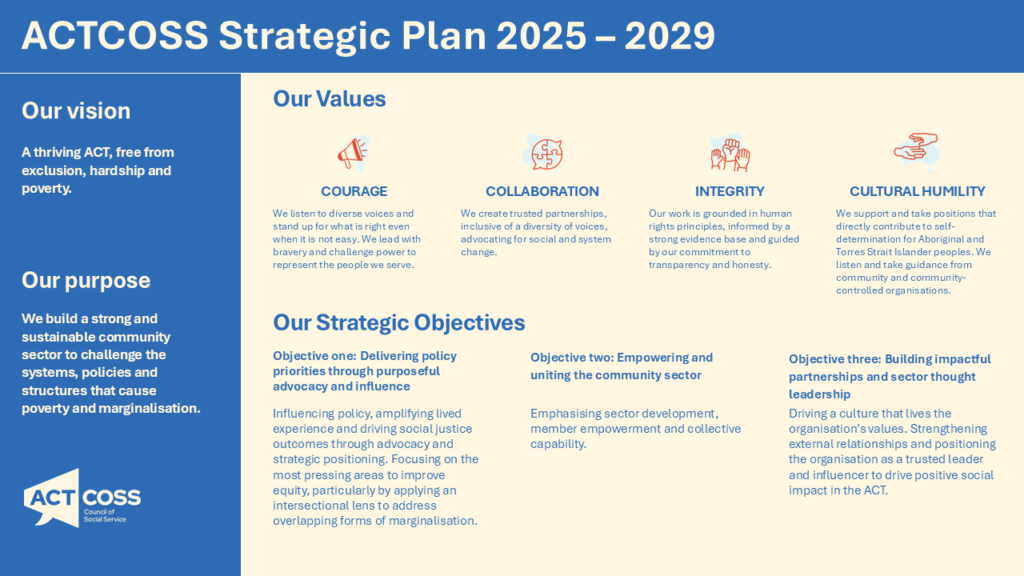 An image of the ACTCOSS Strategic Plan 2025-29. It is for decorative purposes, really. The page is quite boring looking otherwise. There's a simplified word document for download below with all the text in a more readable form and a downloadable PDF of this plan-on-a-page image. All the text is on the page. 